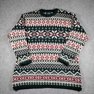 Squaw Valley Vintage 100% Wool Fair Isle Snowflake Sweater Green Red Womens L